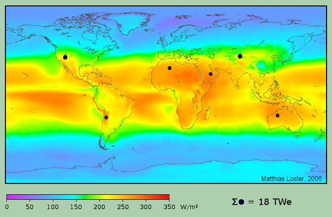 Image of worldwide distribution of solar energy influx (Wikimedia Commons)