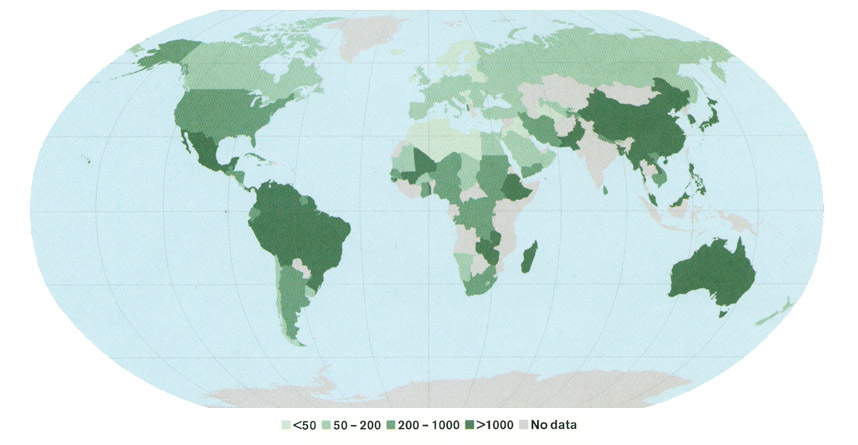 world map: Number of native tree species (2005)